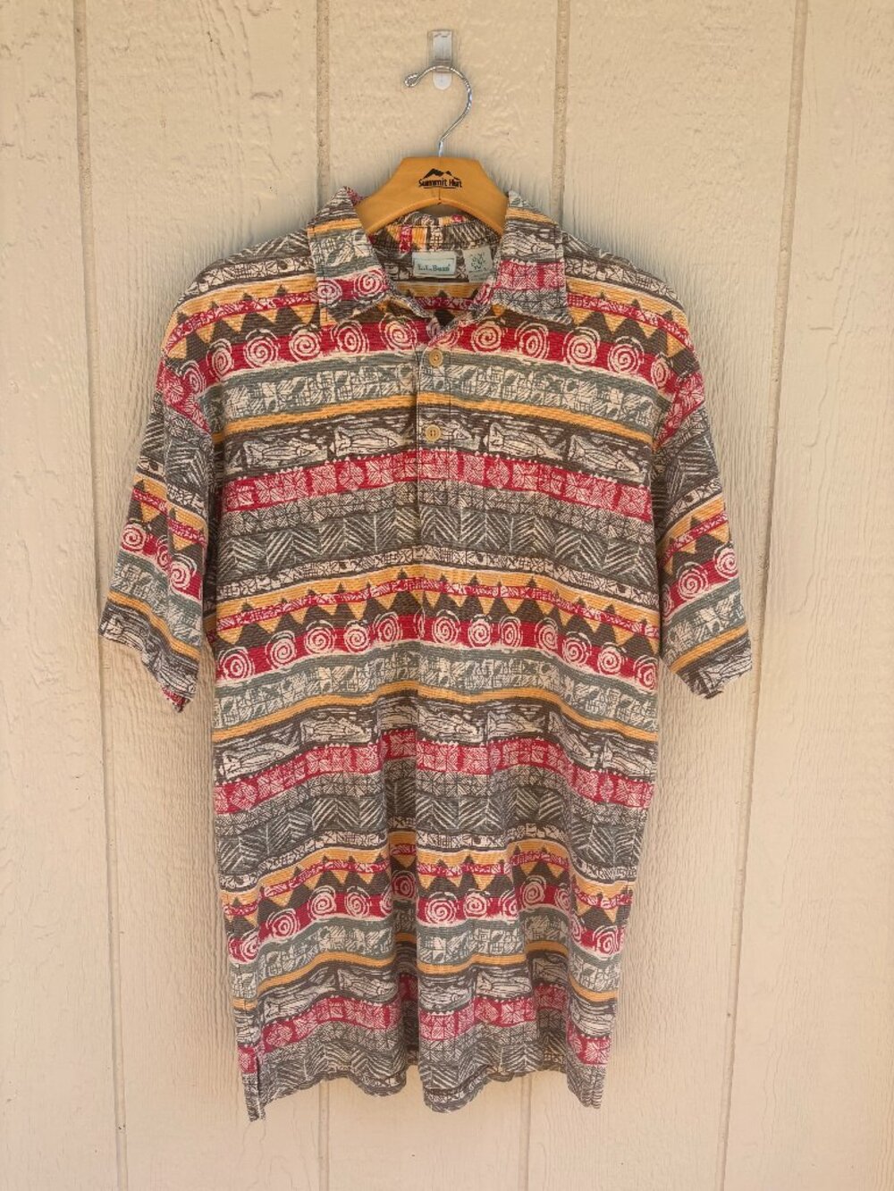 Vintage L.L. Bean Polo Shirt Men's Medium Tall Multicolor Aztec Tribal Print